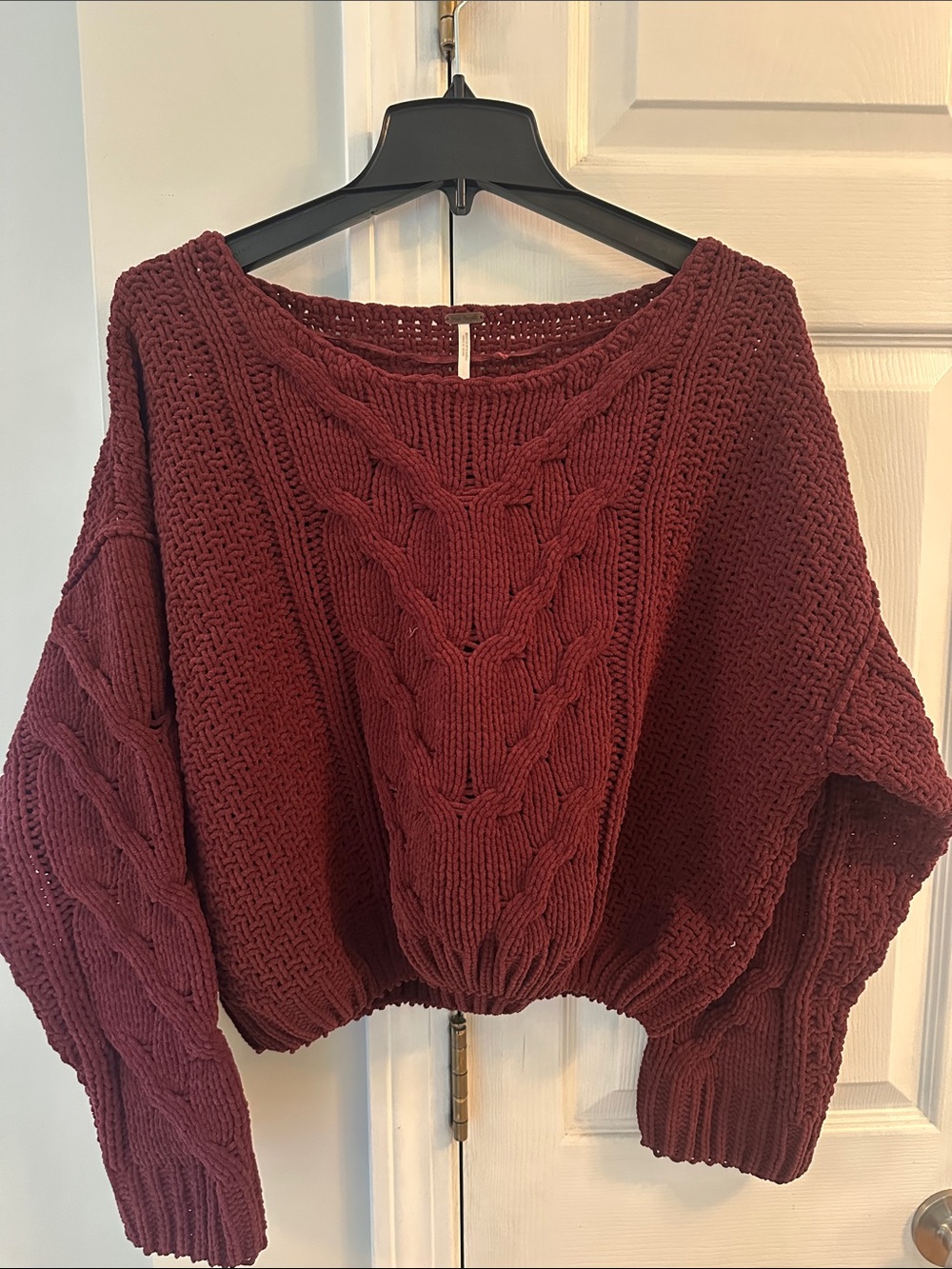 Free People Cropped Chunky Cable Knit Sweater - Wine- Oversized XS
